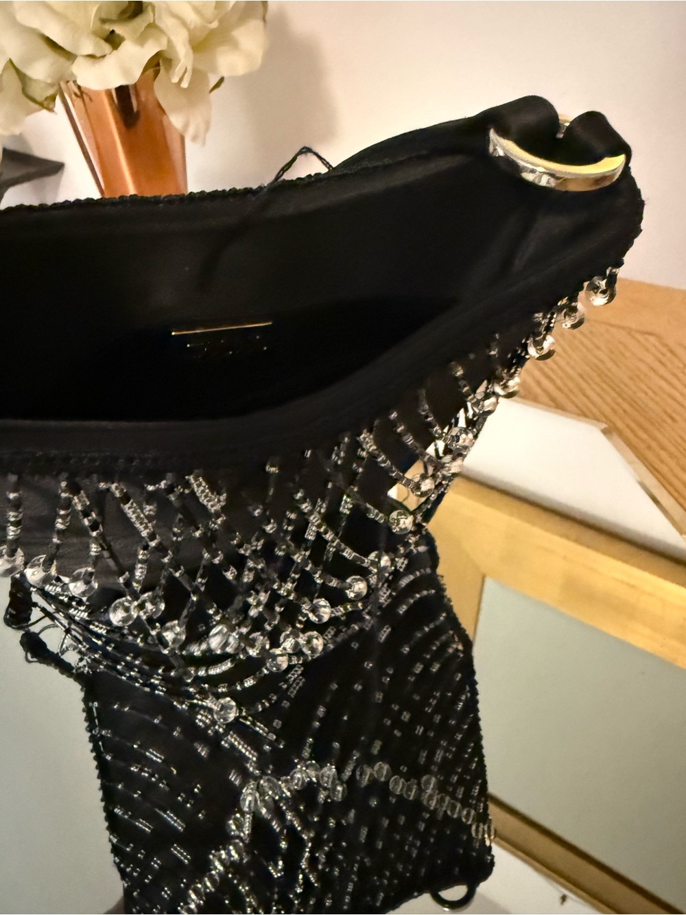 Beaded Black Evening Clutch with Silver Accents